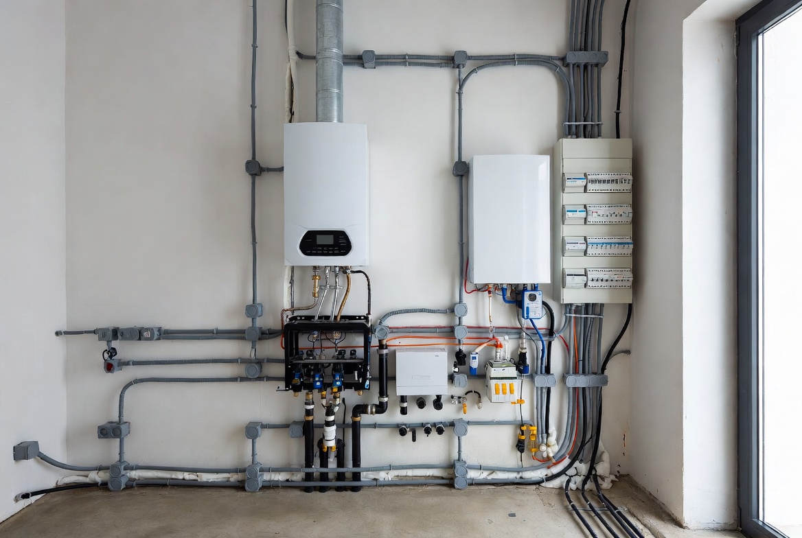 Installazione impianti elettrici idraulici e termici moderni con caldaia e pannelli solari in casa italiana