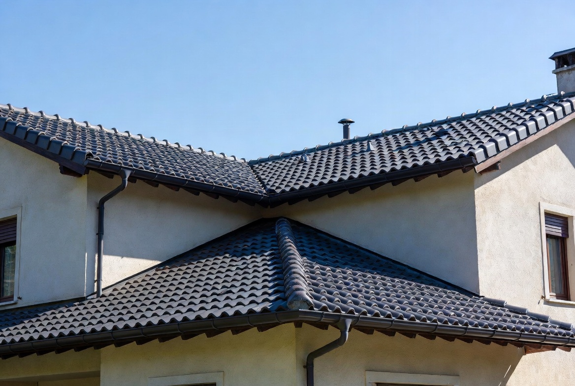 Rifacimento tetto con tegole nuove, isolamento termico e grondaie su casa residenziale italiana