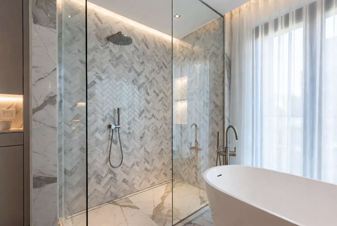 Ristrutturazione bagno luxury con doccia walk-in in marmo, vasca freestanding e design elegante a Napoli Caserta